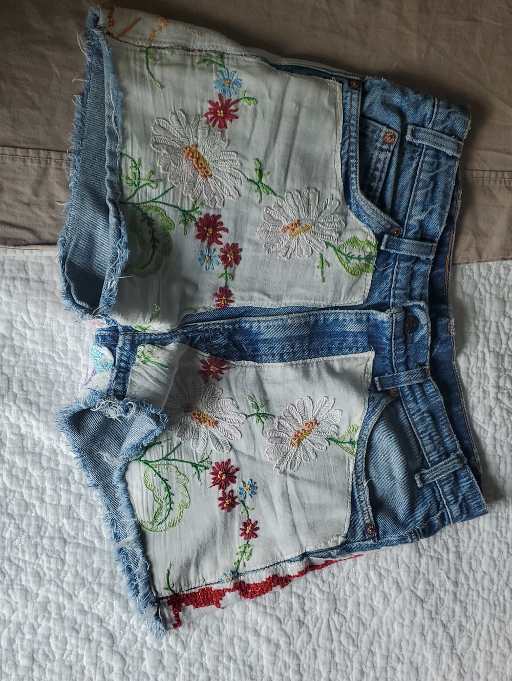Levi's Blue Denim Jean Shorts with Embroidered Floral Panels